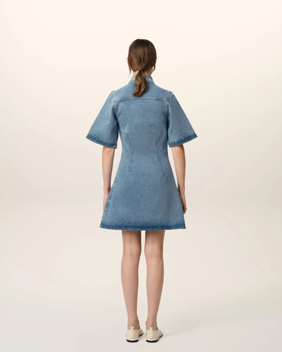 Robe Chemise Bleue Manches Courtes En Coton