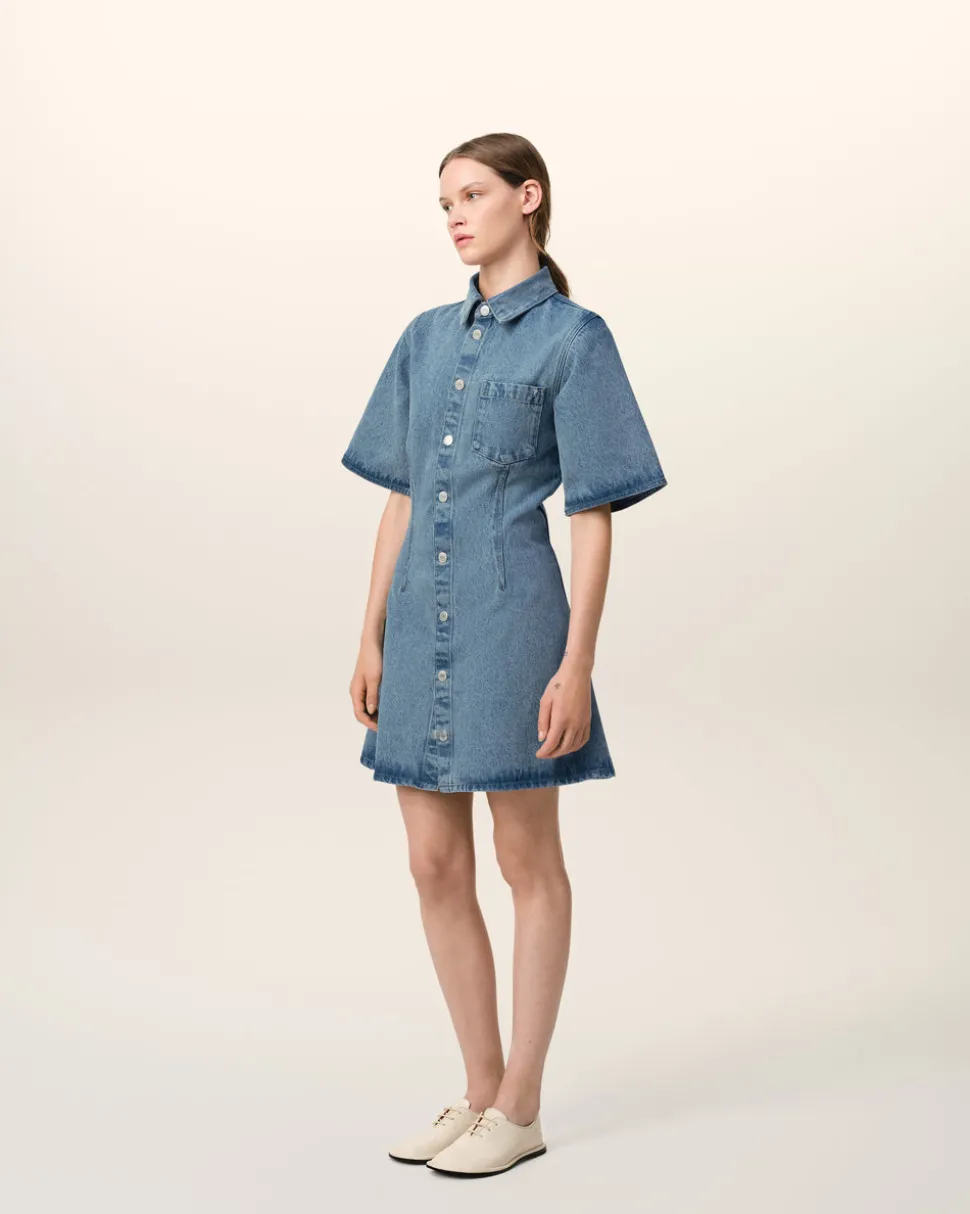 Robe Chemise Bleue Manches Courtes En Coton