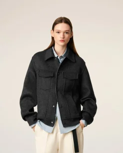 Veste Grise Trucker En Laine