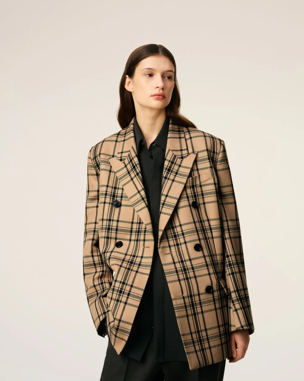 Veste Marron Loose Croisée A Carreaux En Laine