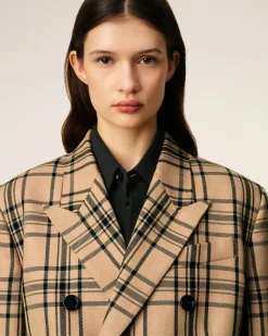 Veste Marron Loose Croisée A Carreaux En Laine