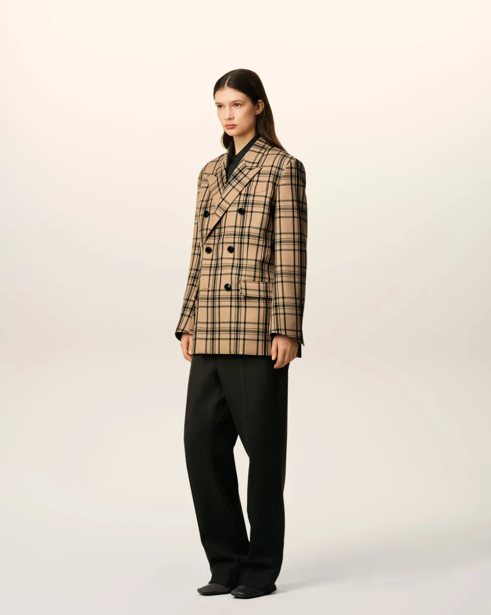 Veste Marron Loose Croisée A Carreaux En Laine