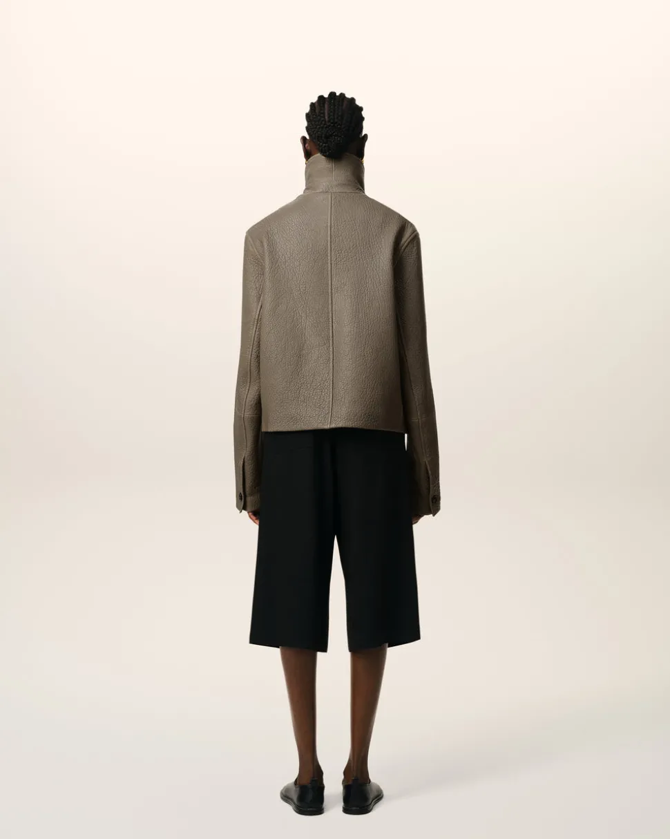 Veste Taupe Boutonnée En Cuir