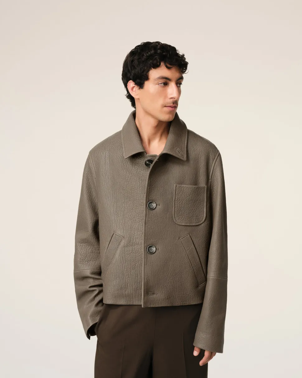 Veste Taupe Boutonnée En Cuir