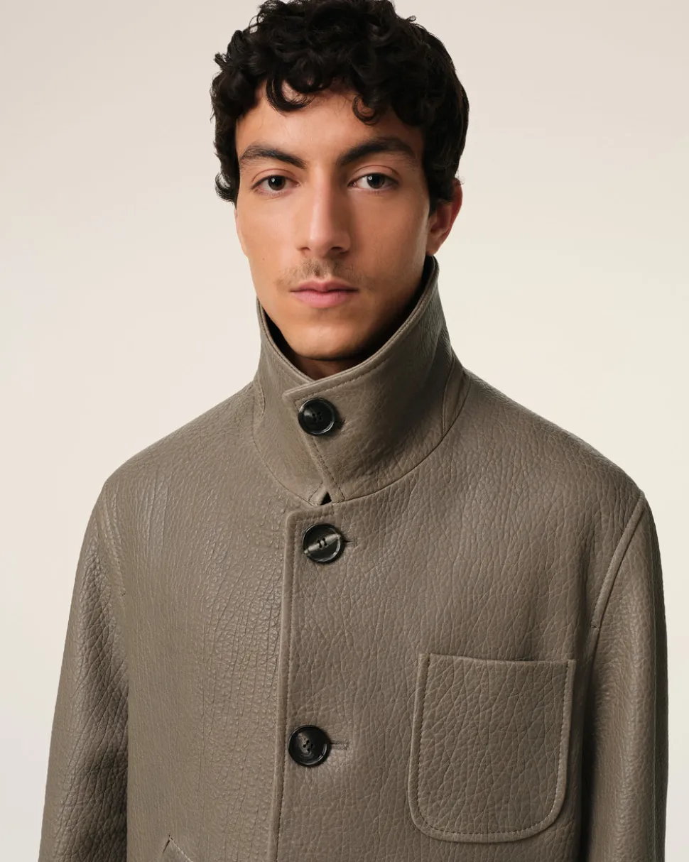 Veste Taupe Boutonnée En Cuir