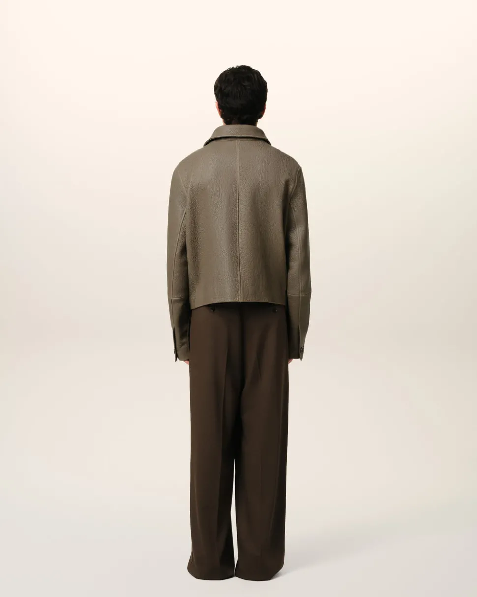 Veste Taupe Boutonnée En Cuir