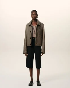 Veste Taupe Boutonnée En Cuir