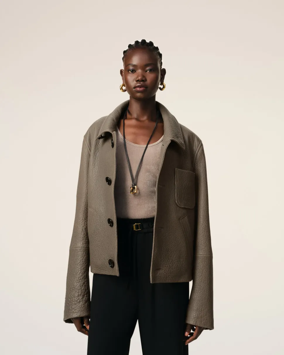 Veste Taupe Boutonnée En Cuir